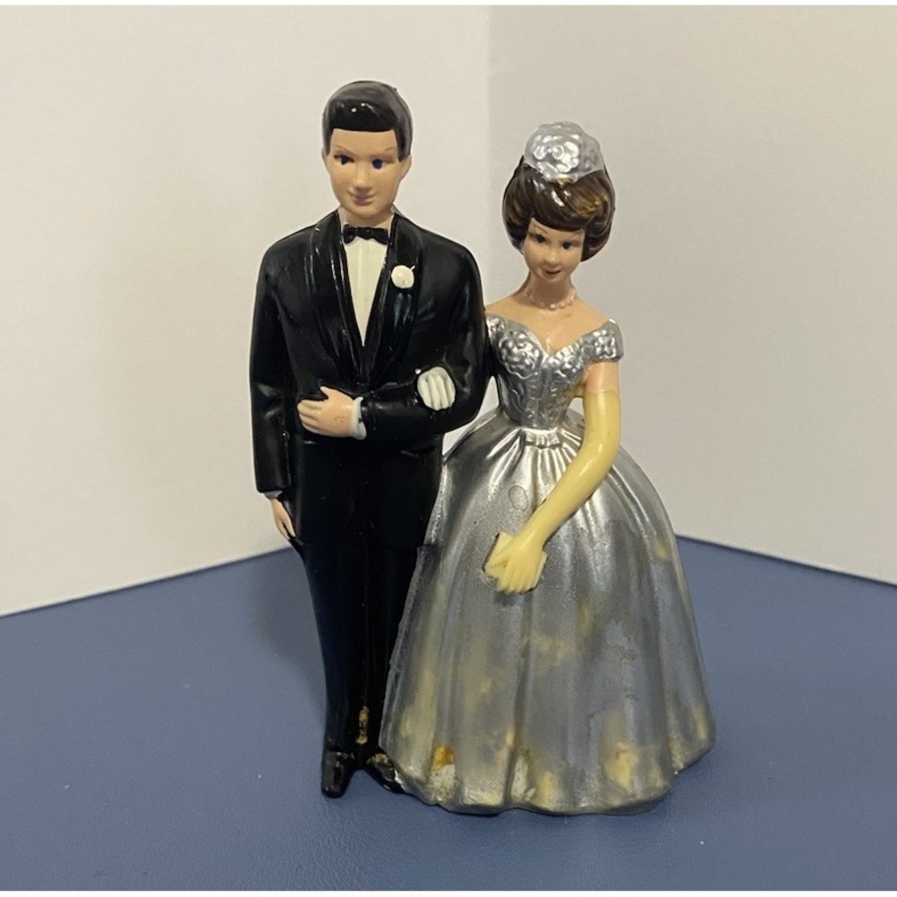 Vintage Wilton Chicago Wedding Cake Topper Bride Groom 4" MCM Silver‎ Dress